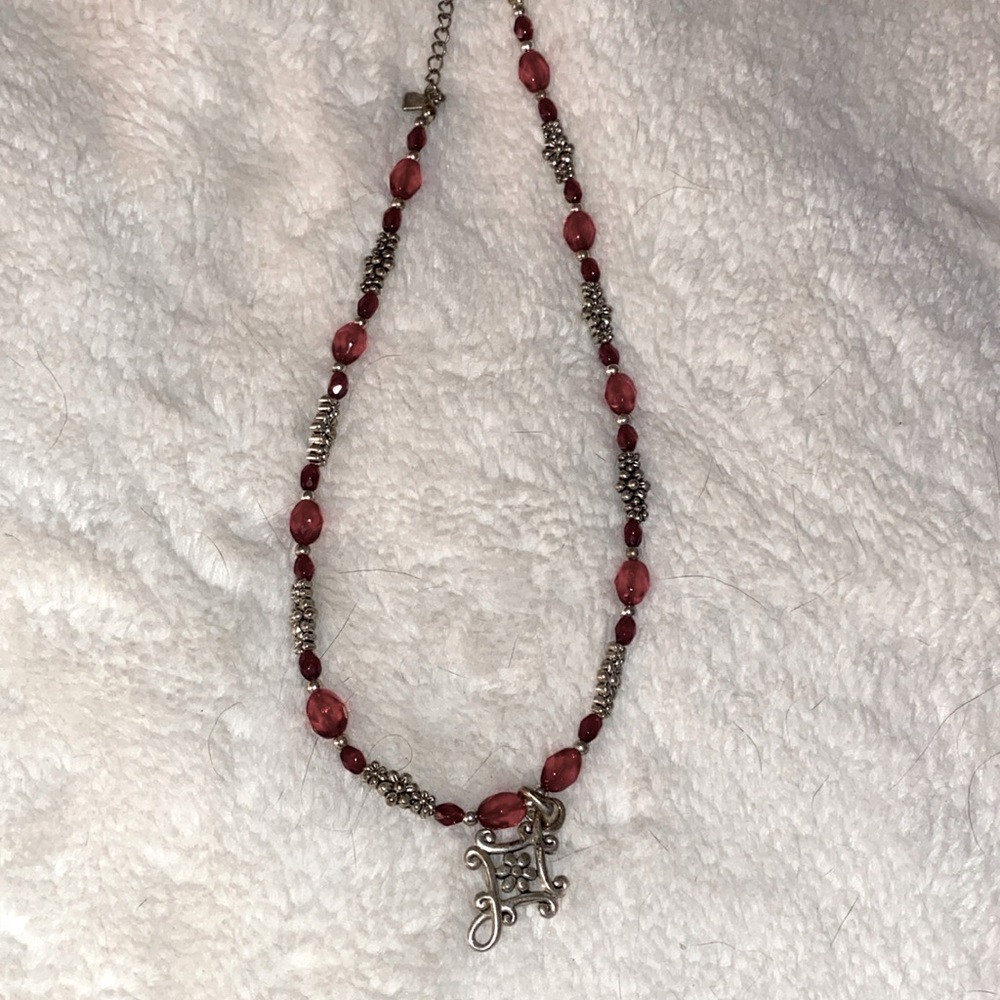 Ruby simulated stones with silver beading and cross pendant
